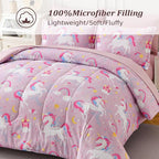 Queen Comforter Set for Girls, 7 Pieces Bed in a Bag with Shams, Sheet Set, Pink Unicorn Double Soft Microfiber Kids Comforter Bedding Set