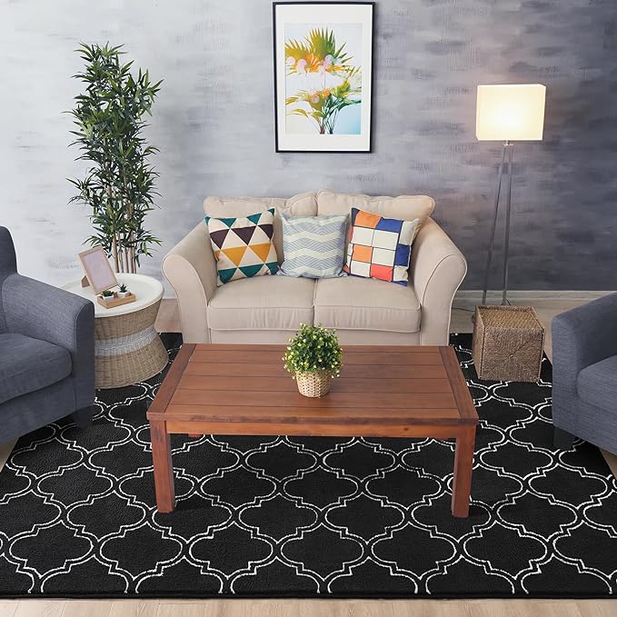 Chicrug Shag Geometric 4x6 Area Rug for Living Room, Large Modern Memory Foam Indoor Carpet, Fluffy Rug for Bedroom Bedside Room Decor for Family Girls Kids Nursery, Black/White