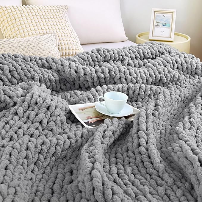 Admitrack Chunky Knit Blanket Throw, 100% Hand Knit Chenille Throw Blanket for Sofa & Home Decor, Soft and Cozy Knitted Throw Blankets (Dark Gray，51""x63""), XNR08