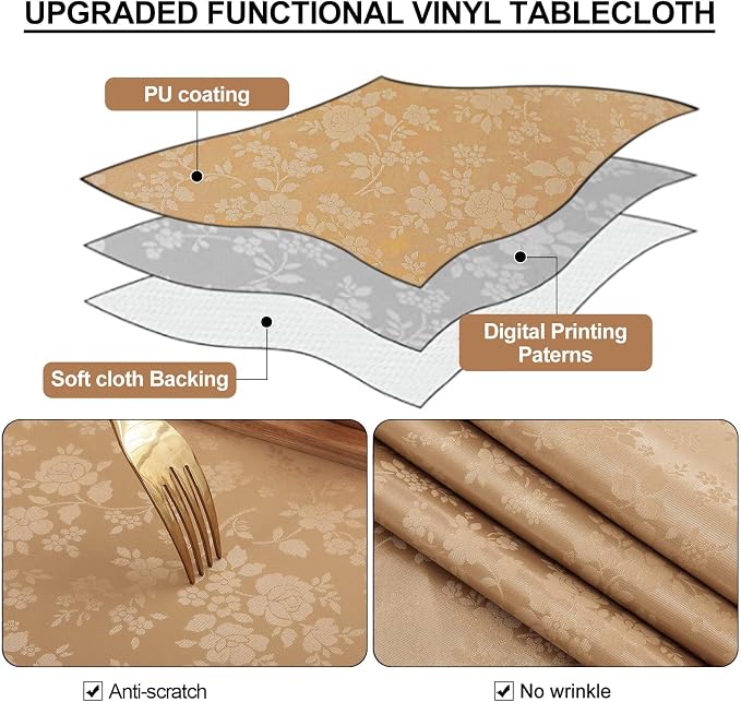 Smiry Rectangle Waterproof Heavy Duty Vinyl Tablecloths, 54 x 78 Inch | Wipeable Washable Floral Embossed Table Cover for Kitchen and Dining Room, Indoor & Outdoor Use, Brown