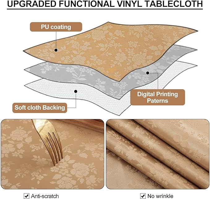 Smiry Rectangle Waterproof Heavy Duty Vinyl Tablecloths, 54 x 120 Inch | Wipeable Washable Floral Embossed Table Cover for Kitchen and Dining Room, Indoor & Outdoor Use, Brown