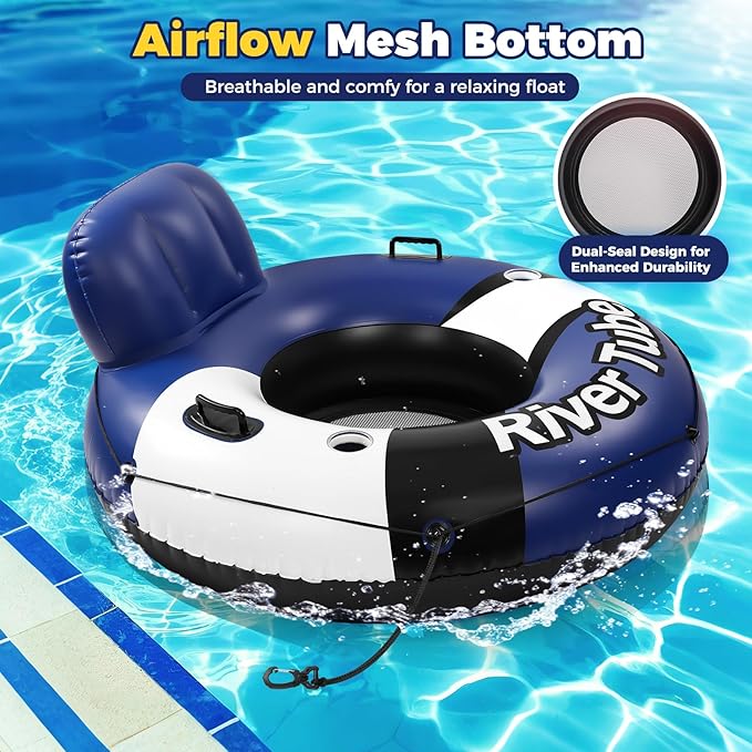 2025 New & Upgraded River Tubes for Floating Heavy Duty, Inflatable Float for Beach Lake Rafting, Fool Floats with Mesh Bottom, Cup Holder, Backrest