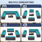 Patio Furniture Set 14-Pieces Outdoor Furniture for Backyard Wicker Sectional Sofa Set, Rattan Patio Conversation Set with Thickened Cushions and Glass Coffee Table, Blue