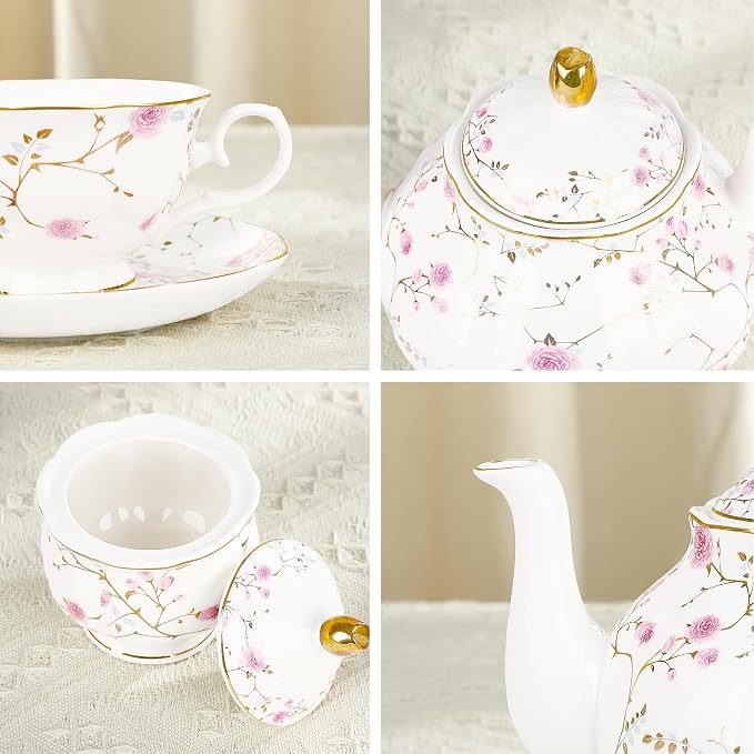 fanquare 21-Piece Gold Vine Floral Porcelain Tea Sets with Sugar Bowl Creamer Teacups, English Bone China Tea Service for Women TeaParty Family Gathering Home Décor | Porcelain Tea Service with Sugar Bowl Creamer Teacups for Women TeaParty Family Gathe...