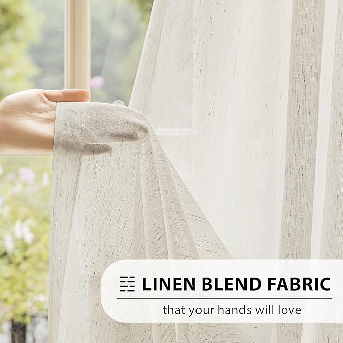 FMFUNCTEX Linen Sheer Curtains for Bedroom, Beige Curtains 63 Inch Length Short Light Filtering Draperies for Living Room, Natural Cream White Light Filtering Farmhouse Curtain Grommet Top 2 Panels