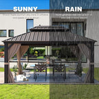 YOLENY 10'x13' Hardtop Gazebo with Galvanized Steel Double Roof, Pergolas Aluminum Frame, Netting and Curtains Included, Metal Outdoor Gazebos for Garden, Patios, Lawns, Parties