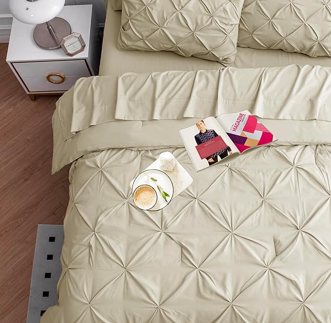 LANE LINEN Twin XL Comforter Set, 5 Piece Twin XL Bedding Set, Pintuck Twin XL Bed in a Bag, Twin XL Bed Set, Twin XL Bed Comforter Set with Sheets, Pillowcase & Sham, Bedding Comforter Sets - Linen