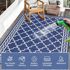 GAOMON Outdoor Rugs Patio Camping Waterproof Rug 6'x9' Plastic Straw Patio Rug Portable for Campers, Outside RVs Mat for Patios Clearance, Backyard Porch, Balcony, Navy/White(Geometric)