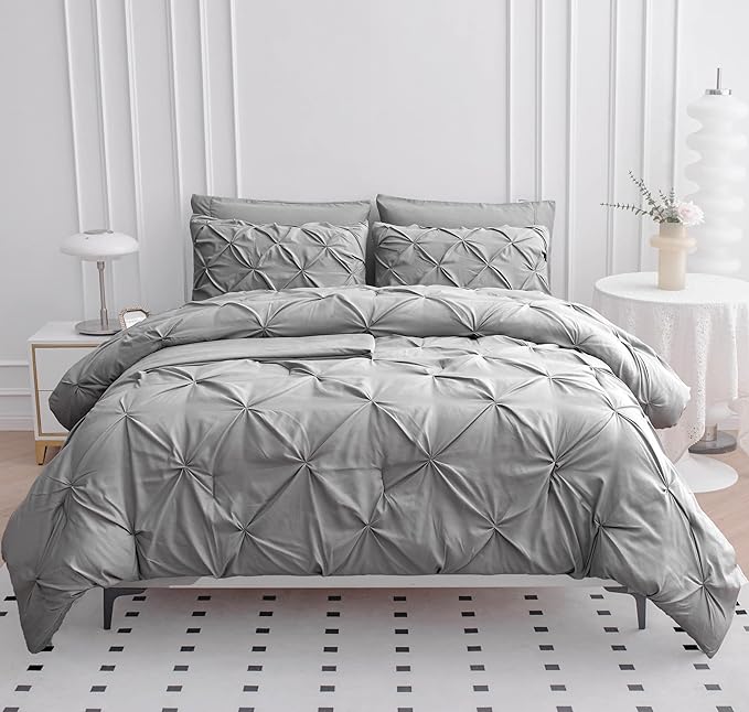 Lane Linen California King Comforter Set, 7 Piece Cal King Bed in a Bag, Pintuck Cal King Bedding Set, Soft Cali King Bed Set, Cal King Bedding Comforter Sets with Sheets, Pillowcases & Shams - Silver