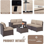 Patio Furniture Set Sofa 6-Piece Wicker Sectional Sofa Set, Outdoor Furniture Rattan Patio Sofa Conversation Set with Thickened Cushions and Glass Coffee Table, Sand