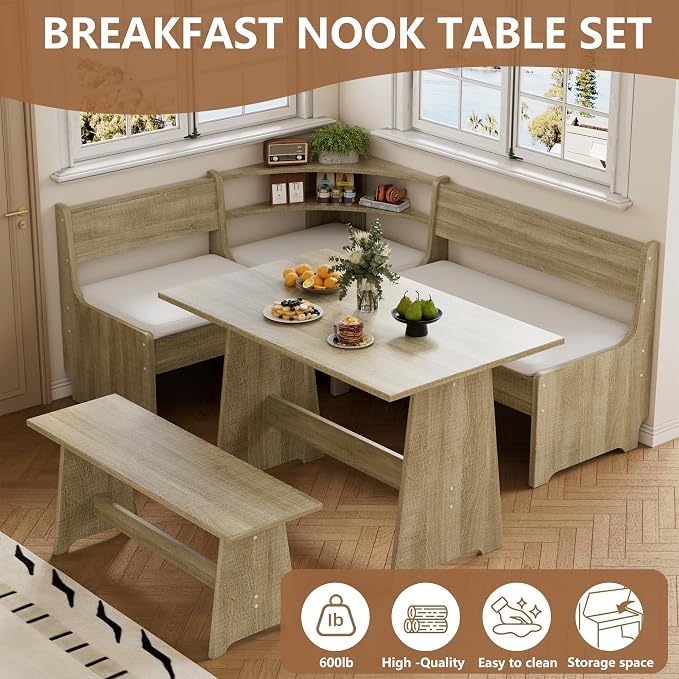 PAKASEPT Corner Breakfast Nook Table Set Kitchen Bench with Soft Cushion | Farmhouse Wood Dining Set,Reversible L-Shaped Corner Bench,Lift-Top Hidden Storage,Soft Padded Cushions,Space-Saving Design