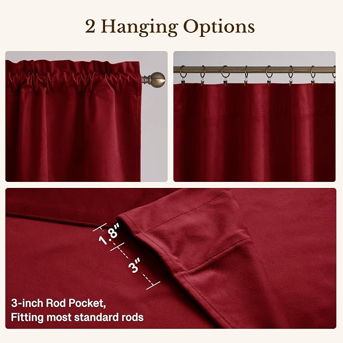 Red Christmas Velvet Window Valance 52x18 Inch 4-Panel Set | Soft Wavy Kitchen Curtains for Windows, Luxury Fabric Aesthetic Window Treatment for Bay Window, Living Room