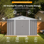 Patiowell 10 x 12 FT Metal Storage Shed for Outdoor with Floor Frame, Steel Yard Shed with Design of Lockable Doors, Utility and Tool Storage for Garden, Backyard, Patio, Outside use, Grey