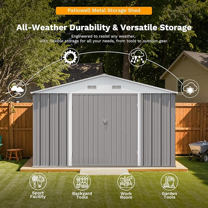 Patiowell 10 x 12 FT Metal Storage Shed for Outdoor with Floor Frame, Steel Yard Shed with Design of Lockable Doors, Utility and Tool Storage for Garden, Backyard, Patio, Outside use, Grey