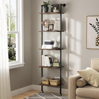 Axeman 5-Tier Ladder Shelf, Tall Narrow Bookcase for Small Spaces, Book Storage Organizer Case for Living Room, Home Office, Study, Industrial Style Black Metal Frame and Rustic Brown Shelf