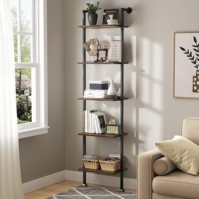 Axeman 5-Tier Ladder Shelf, Tall Narrow Bookcase for Small Spaces, Book Storage Organizer Case for Living Room, Home Office, Study, Industrial Style Black Metal Frame and Rustic Brown Shelf