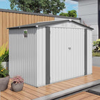 8x6 FT Outdoor Storage Shed with Windows, Metal Sheds & Outdoor Storage with Lockable Door and 4 Vents, Outside Storage Shed Waterproof for Backyard, Patio, White+Gray