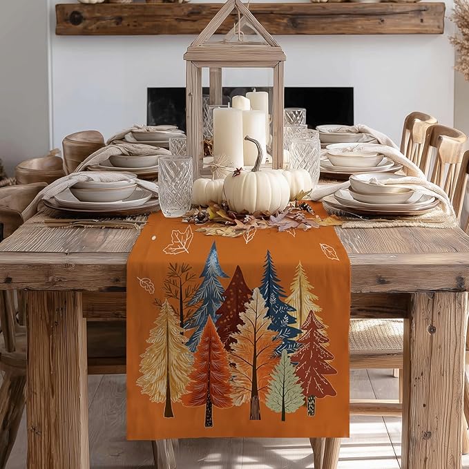 GEEORY Fall Watercolor Trees & Maple Leaves Table Runner 13x90 Inch, Rustic Farmhouse Autumn Thanksgiving Decor for Kitchen, Dining, Indoor/Outdoor Holiday Dinner Party Orange GT158-90