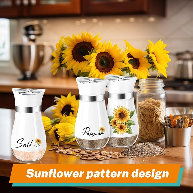 Sunflower Salt and Pepper Shakers - 4 oz Refillable Glass Farmhouse Set | Sunflower Glass Shakers Add Farmhouse Charm to Kitchen Tables And Suit Housewarming Gifts, Thanksgiving And Christmas Decor.
