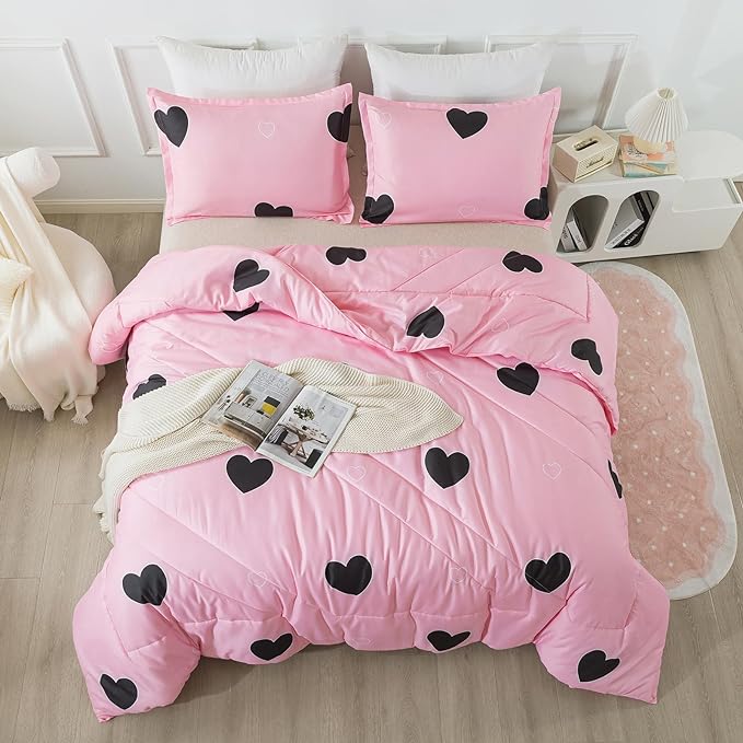Girls Pink Comforter Set Twin Size, Blush Pink Cute Love Heart Print Sexy Comforter Bedding Set for All Seasons, Geometric Soft Microfiber Comforter Set with Pillowsham