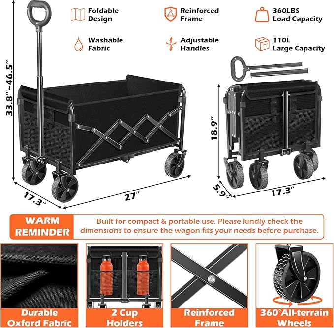 Wagons Carts Foldable, Collapsible Wagon, Foldable Wagon Cart with Wheels, Folding Wagons for Beach Camp Sports Garden, 2 Cup Holders/Lightweight Portable/Black/360 LBS