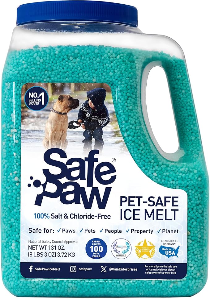 Safe Paw, Dog/Child/Plant Pet Safe Ice Melt with Traction Agent, 8lb, 100% Salt-Free/Chloride-Free, Non-Toxic, No Concrete Damage, Fast Acting, Lasts 3X Longer