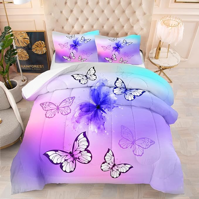 Tailor Shop Butterfly Comforter Set Queen Size,Tie Dye Comforter Set for Girls Kids Teens Butterfly Bedding Room Decor Set,with 2 Pillowcase