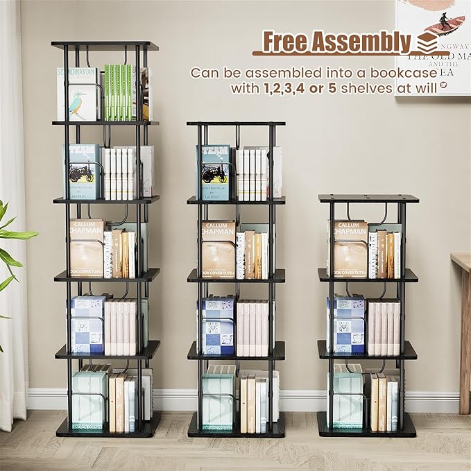 5 Tier Square Rotating Bookshelf, 360 ° Display Stackable Spinning Bookshelf Tower, Space Saving Tall Floor Standing Swivel Bookcase Corner Storage Organizer for Bedroom, Living Room, Black