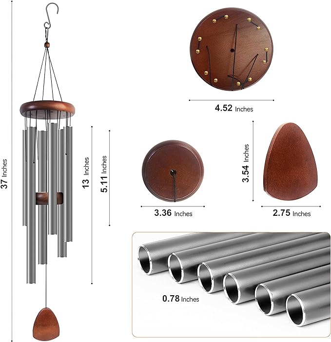 Large Aluminium Wind Chimes 37 Inches to Create a Zen Atmosphere Suitable for Outdoor, Garden, Patio Decoration. Classic Wind Chimes with Wind Catcher Suitable as A Gift for Unisex,Silver Grey