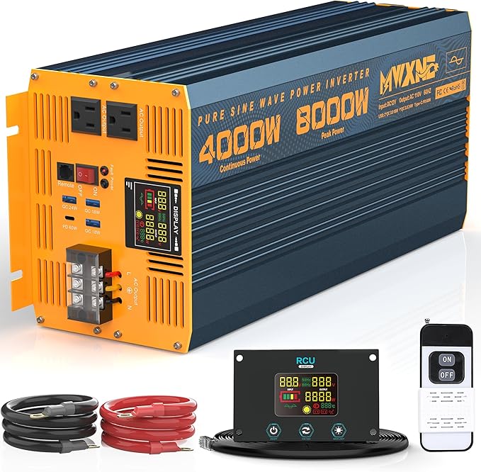 4000W Pure Sine Wave Power Inverter DC 12V to AC 110V 120V for Home RV with Dual AC Outlets 1 USB-C(60W) 3 USB-QC3.0 Fast Car Charger Adapter, LCD Display and Remote Control