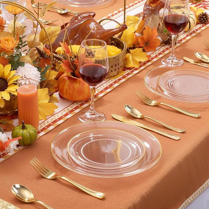 bUCLA 100PCS Clear and Gold Plastic Plates - Clear Disposable With Gold Rim Include 50 Each (10 inch Dinner & 7 inch Dessert) Plates, Ideal for Party & Thanksgiving