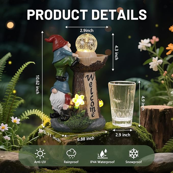 Solar Gnome Statue with Glowing Globe Light,Weatherproof Resin Garden Figurine Decor Auto On/Off - for Patio,Yard & Housewarming Gift (Reminder: IT is NOT A Real Fountain)