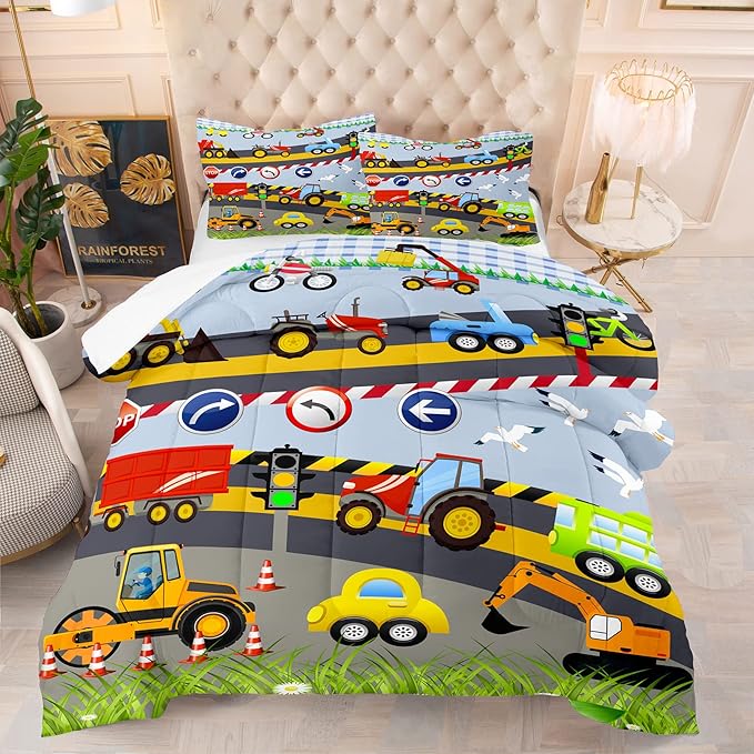 Tailor Shop Construction Vehicle Truck Kids Comforter Set Twin Size，Cartoon Excavator Bedding Sets Comforter Cover for Boys Childs Teens ，Tractor Mixer Room Decor with 1 Comforter 1 Pillowcases…
