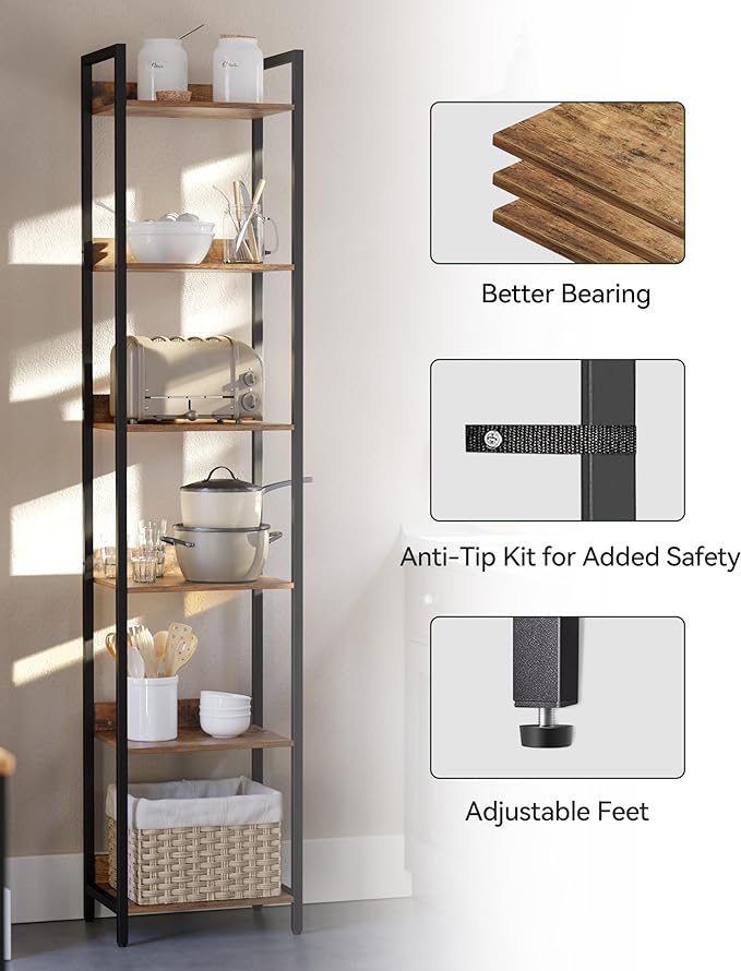 6-Tier Bookshelf, Narrow Bookcase with Open Shelves, Talll Book Shelf Coner Shelf for Living Room, Bedroom, Home Office, Study, Bathroom,11.5 x 15.7 x 72.6 Inches, Rustic Brown and Black