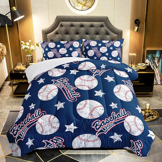 3D Baseballs Comforter Queen Size,Blue Baseball Kids Comforter Set,3Pcs Bedding Set Printed Comforter with 2 Pillowcases,Down Alternative,Soft and Lightweight,for All Seasons