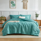 7 Pieces Tufted Bed in a Bag King Comforter Set with Sheets Green, Soft and Embroidery Shabby Chic Boho Bohemian, Luxury Solid Color with Diamond Pattern, Jacquard Tufts Bedding Set for All Season