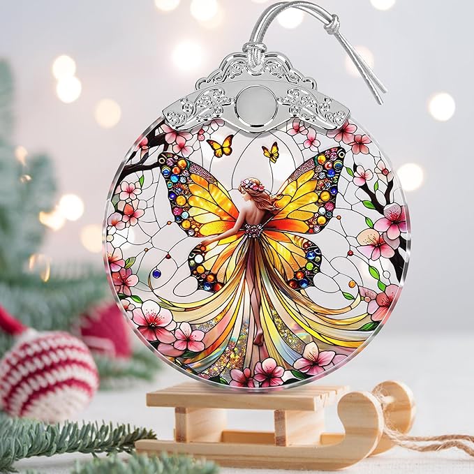 Stained Glass Suncatcher Ornament - Fairy Christmas Decorations - Christmas Ornaments for Tree - Holiday Present Ideas - Gift Exchange