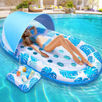 2025 New Pool Floats Adult with Canopy and Cup Holder, 3-in-1 Inflatable Pool Lounge Floaties for Swimming Pool Lake Beach Water, Raft Lounger Floating Chair for Adults Heavy Duty