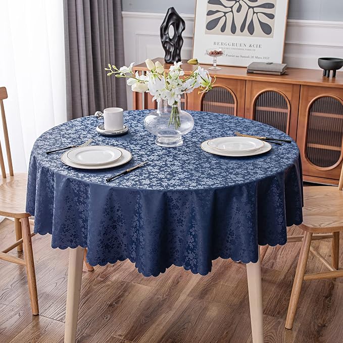 Smiry Round Waterproof Heavy Duty Vinyl Tablecloths, 70 x 70 Inch | Wipeable Washable Floral Embossed Table Cover for Kitchen and Dining Room, Indoor & Outdoor Use, Navy Blue