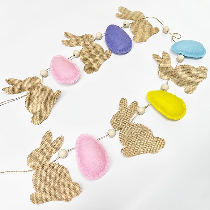 Easter Party Decorations Burlap Rabbit Bunny 3D Felt Egg with Wood Beads Garland Felt Easter Sign Burlap Pennant Banner Flag with Pastel Ribbon for Easter Spring Birthday Baby Shower Party Supplies