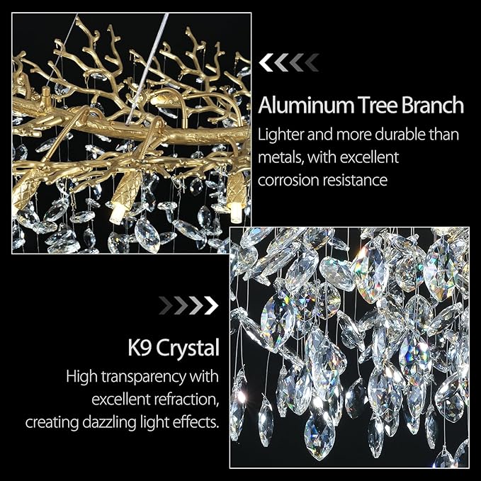 Modern Crystal Gold Chandelier, 36" Large Rectangular Oval Tree Branch Crystal Chandeliers for Dining Room,16-Light Flush Mount K9 Crystal Chandeliers, for Kitchen Island,Dining Room