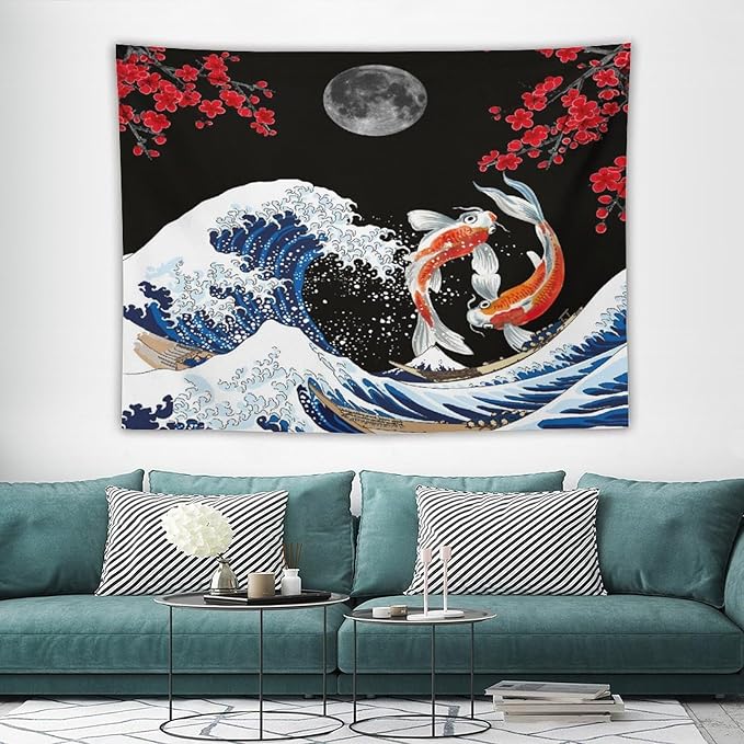 Houselerax Japanese Koi Fish Tapestry, Yin Yang Big Wave Red Cherry Blossom Tapestries Wall Hanging for Bedroom Living Room Office Decor 80"x60"