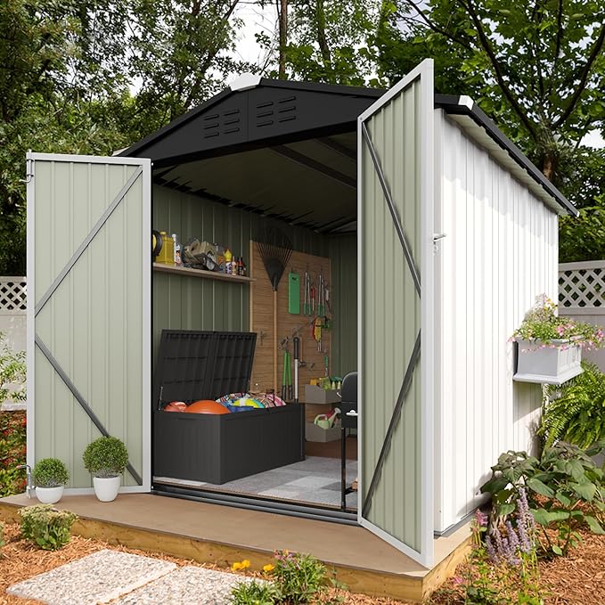 Flamaker 6x8 FT Storage Shed Waterproof Metal Garden Shed with Lockable Door Utility Tool Shed Outdoor Storage for Backyard, Patio and Lawn, White