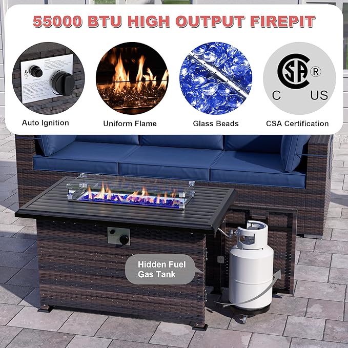 Patio Furniture Sectional Sofa Set 13PCS PE Rattan Swivel Rocking Chairs Patio Conversation Set w/43in Gas Fire Pit Table, Outdoor Furniture with 55000 BTU Propane Fire Pit, Navy Blue