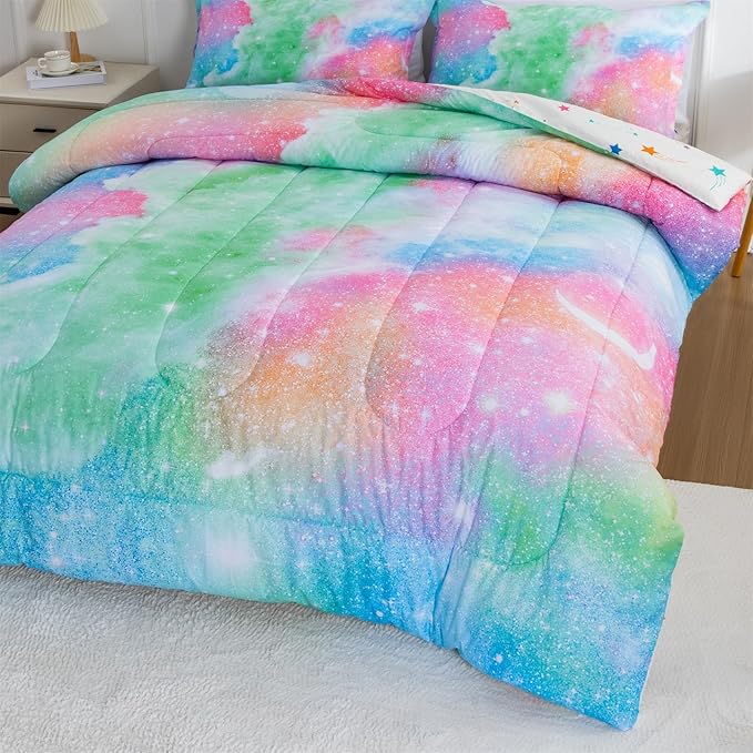 A Nice Night Galaxy Bedding Sets Outer Space Comforter 3D Printed Space Quilt Set Twin Size Glitter Pink Green Color,for Children Boy Girl Teen Kids