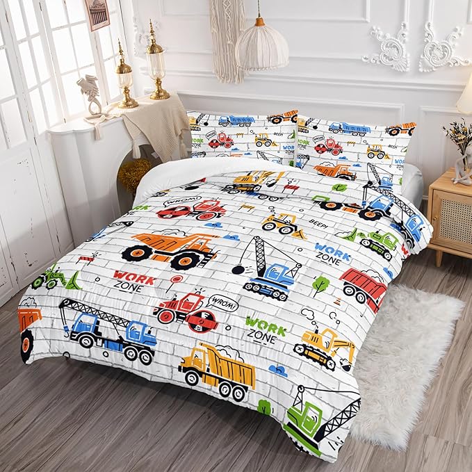 Axolotl Construction Comforter Set Full,Excavator Bedding Set,Construction Vehicles Comforter Set,Excavator Comforter,Excavator Tractor Trucks Bedding Set for Kids Boys Teens,1 Quilt 2 Pillowcases