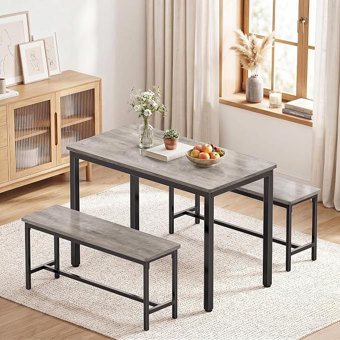 Dining Table Set for 4, Kitchen Table with 2 Benchs, Grey | Modern Functional 3 Piece Space-Saving Dining Room Table Set for Apartment, Breakfast Nook, Small Space