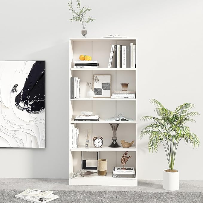 5-Tier Bookshelf, Wood Display Storage Shelves 67.3" Tall Bookcase Open Bookshelf for Home Office, Living Room and Bedroom,White