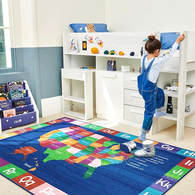 LIVEBOX Educational USA Map Kids Nursery Rug, 4x6 Ft Baby Playmats for Infant and Toddlers, Non-Slip Alphabet Kids Rug Mat for Playroom, Classroom, ABC Kids Room Rug for Bedroom