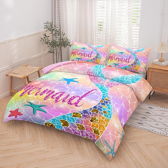 NINENINE Mermaid Comforter Set,Queen Size Princess Bedding Sets for Girls,Glitter Comforter Sets for Girls,Kids Colorful Fish Bedding Sets with 1 Comforter 2Pillowcases…